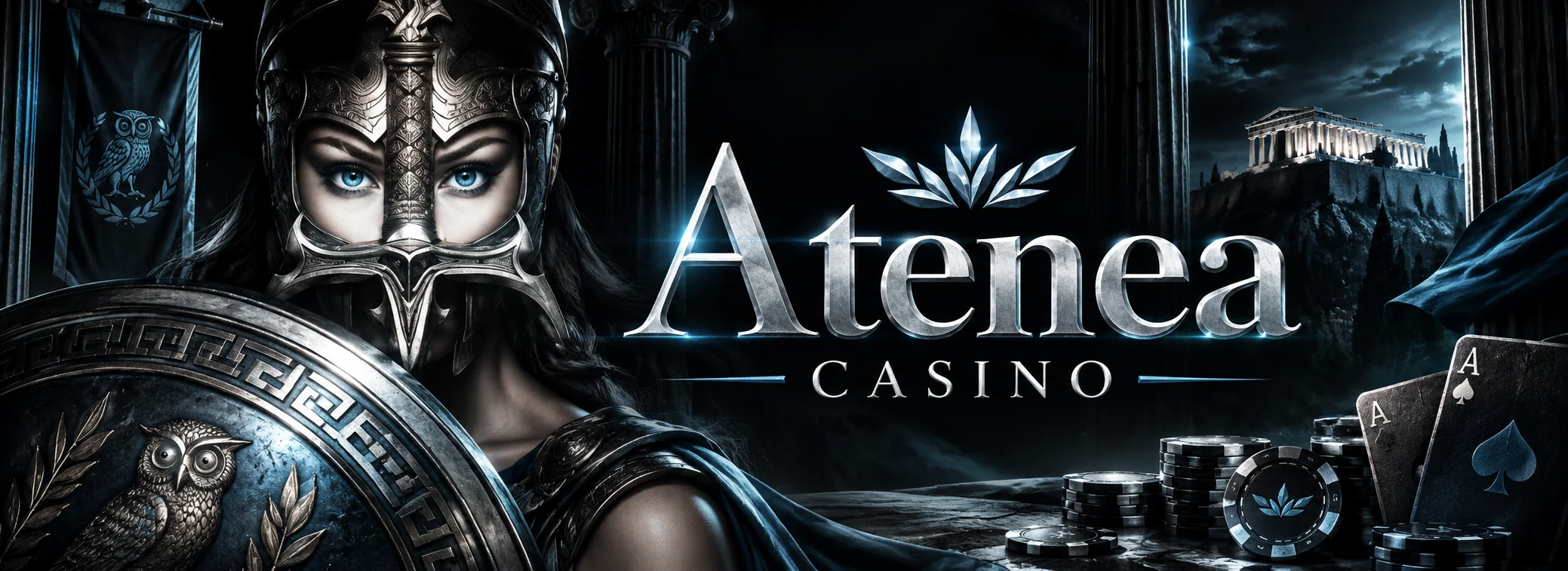 Atenea Casino Argentina: emblema de Atenea con casco plateado sobre fondo oscuro y 1000 fichas de regalo